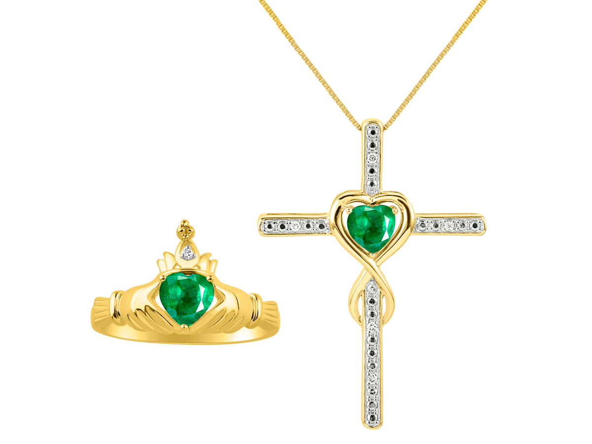 RYLOS Matching Jewelry 14K Yellow Gold Claddagh Friendship Ring & Cross Necklace with 18" Chain. Heart 6X4MM Gemstone & Diamonds; Sizes 5-10