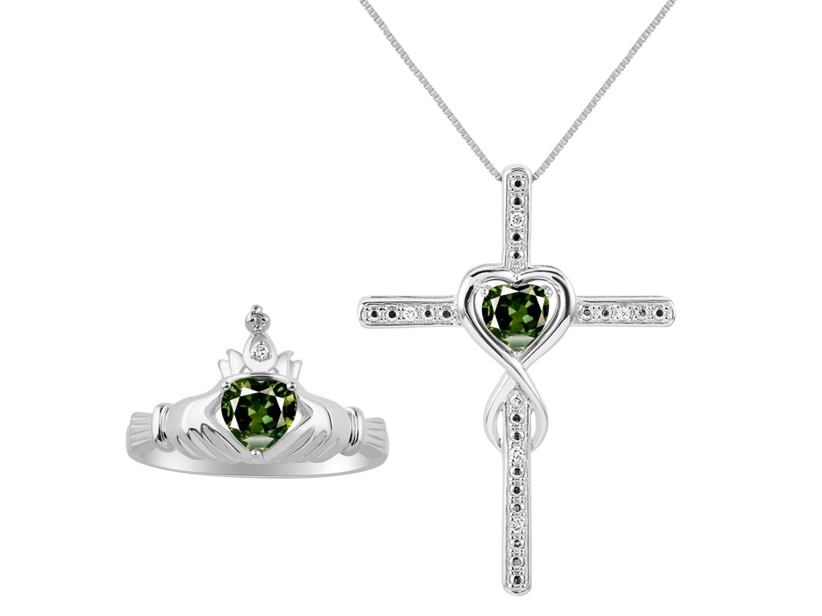 RYLOS Matching Jewelry 14K White Gold Claddagh Ring & Cross Necklace. Heart Gemstone & Diamonds, 6MM Birthstone; Sizes 5-10.