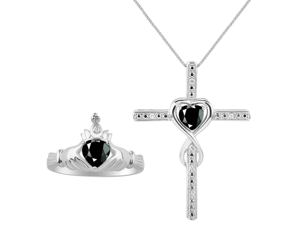RYLOS Matching Jewelry Sterling Silver Claddagh Ring & Cross Necklace. Heart Gemstone & Diamonds, 6MM Birthstone; Sizes 5-10.