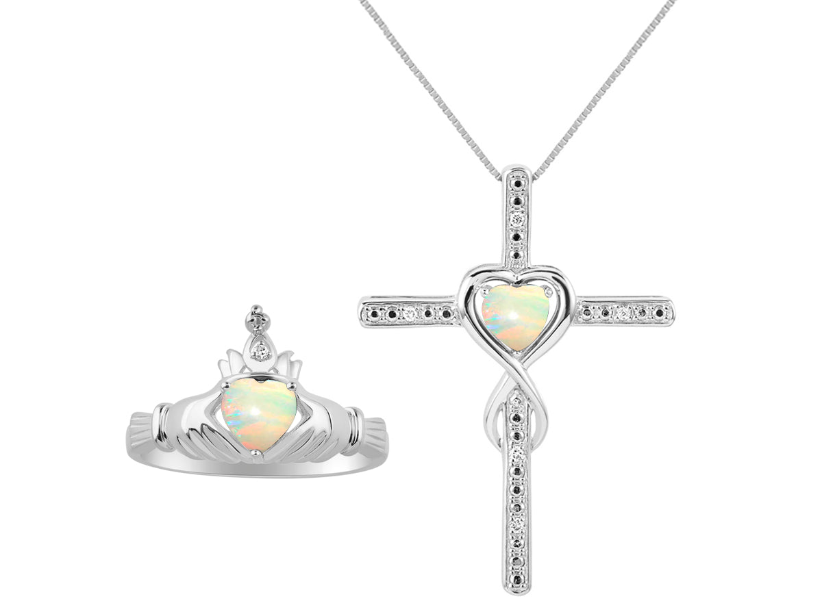 RYLOS Matching Jewelry Sterling Silver Claddagh Ring & Cross Necklace. Heart Gemstone & Diamonds, 6MM Birthstone; Sizes 5-10.