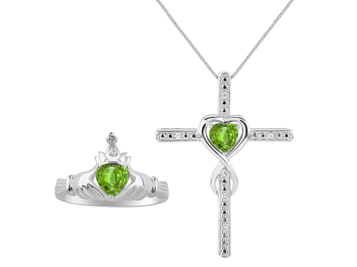 RYLOS Matching Jewelry Sterling Silver Claddagh Ring & Cross Necklace. Heart Gemstone & Diamonds, 6MM Birthstone; Sizes 5-10.