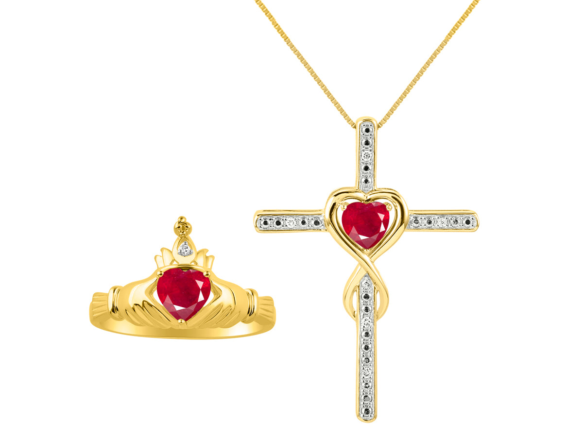 RYLOS Matching Jewelry 14K Yellow Gold Claddagh Friendship Ring & Cross Necklace with 18" Chain. Heart 6X4MM Gemstone & Diamonds; Sizes 5-10