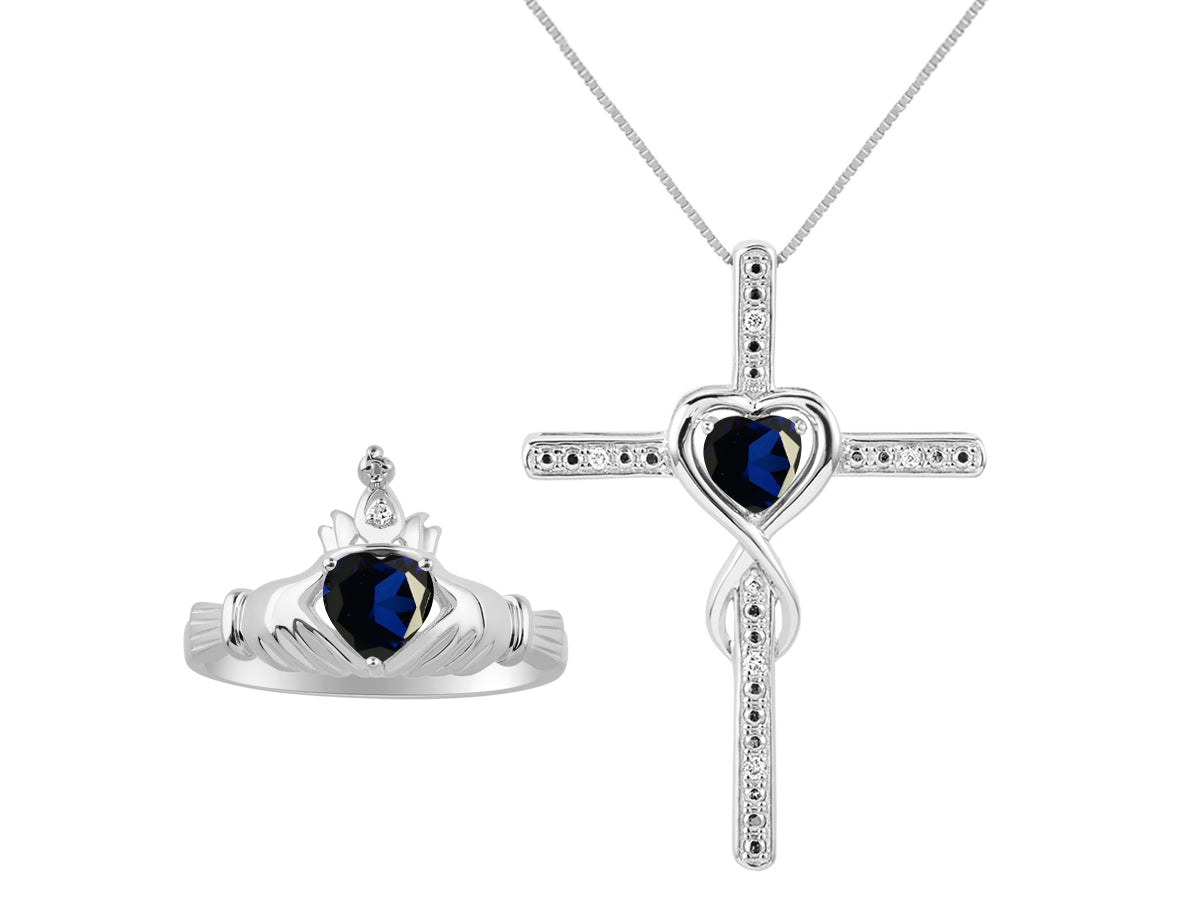 RYLOS Matching Jewelry Sterling Silver Claddagh Ring & Cross Necklace. Heart Gemstone & Diamonds, 6MM Birthstone; Sizes 5-10.