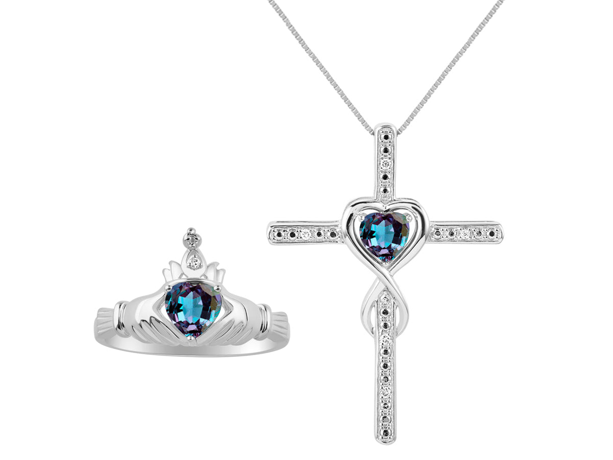 RYLOS Matching Jewelry Sterling Silver Claddagh Ring & Cross Necklace. Heart Gemstone & Diamonds, 6MM Birthstone; Sizes 5-10.