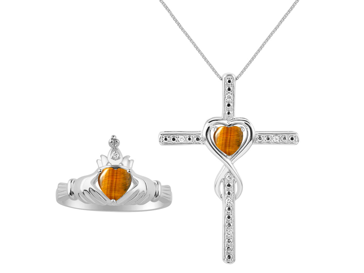 RYLOS Matching Jewelry Sterling Silver Claddagh Ring & Cross Necklace. Heart Gemstone & Diamonds, 6MM Birthstone; Sizes 5-10.