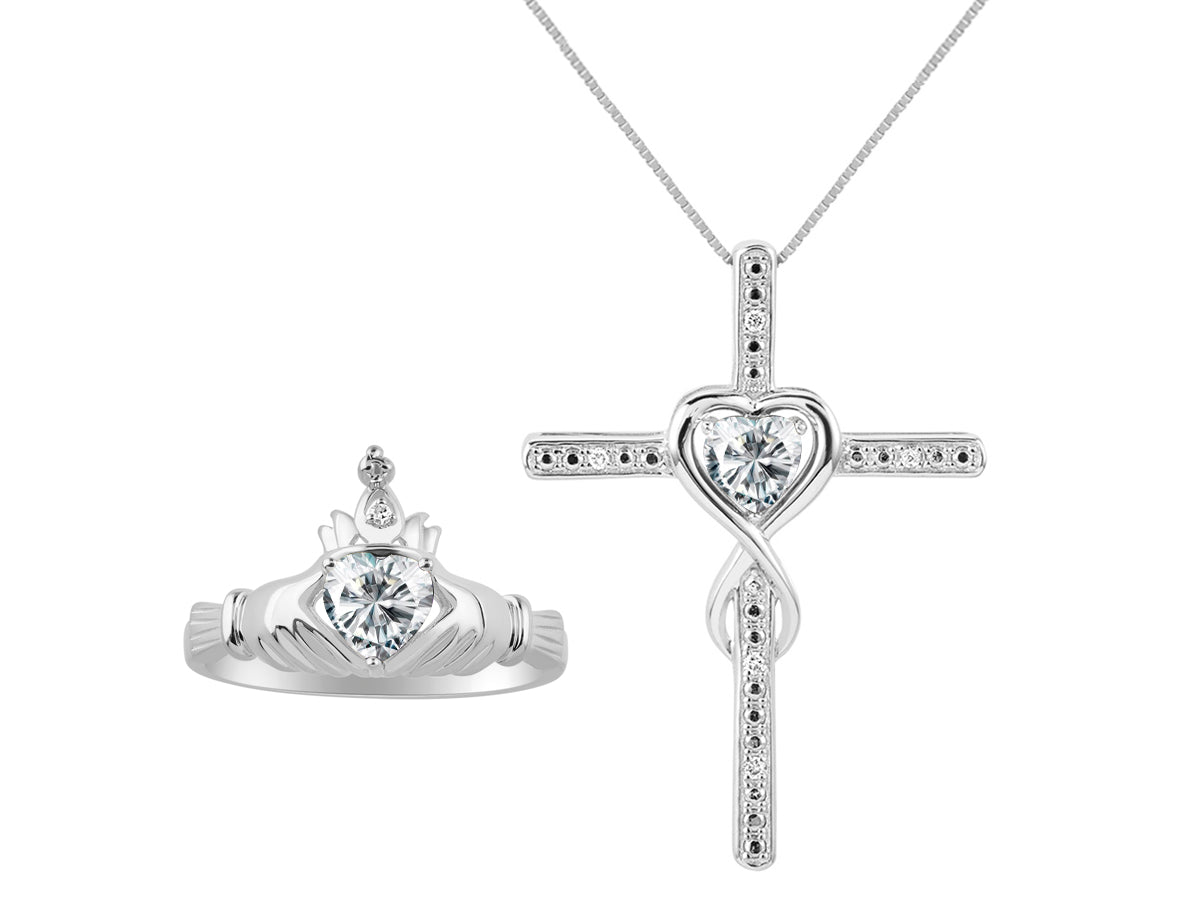 RYLOS Matching Jewelry 14K White Gold Claddagh Ring & Cross Necklace. Heart Gemstone & Diamonds, 6MM Birthstone; Sizes 5-10.