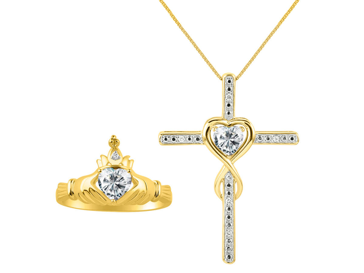 RYLOS Matching Jewelry 14K Yellow Gold Claddagh Friendship Ring & Cross Necklace with 18" Chain. Heart 6X4MM Gemstone & Diamonds; Sizes 5-10