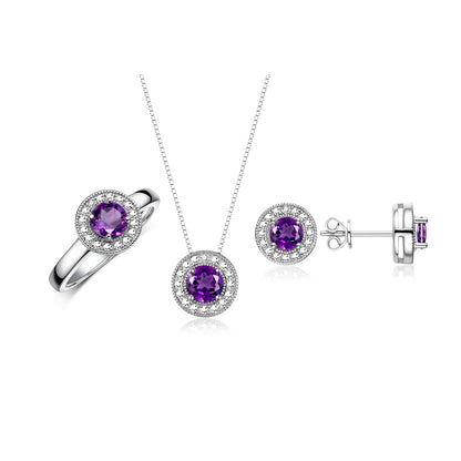RYLOS Halo Designer Matching Set 14K White Gold : Ring, Earring & Pendant Necklace. Gemstone & Diamonds, 4MM Birthstone; Sizes 5-10.