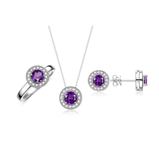 RYLOS Halo Designer Matching Set 14K White Gold : Ring, Earring & Pendant Necklace. Gemstone & Diamonds, 4MM Birthstone; Sizes 5-10.