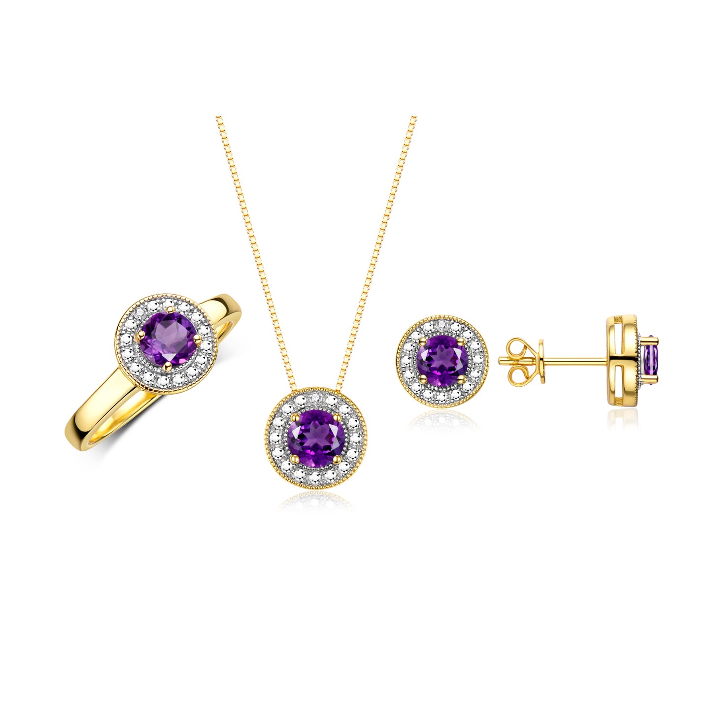 RYLOS Halo Designer Matching Set 14K Yellow Gold : Ring, Earring & Pendant Necklace. Gemstone & Diamonds, 4MM Birthstone; Sizes 5-10.