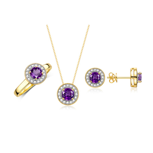 RYLOS Halo Designer Matching Set 14K Yellow Gold : Ring, Earring & Pendant Necklace. Gemstone & Diamonds, 4MM Birthstone; Sizes 5-10.