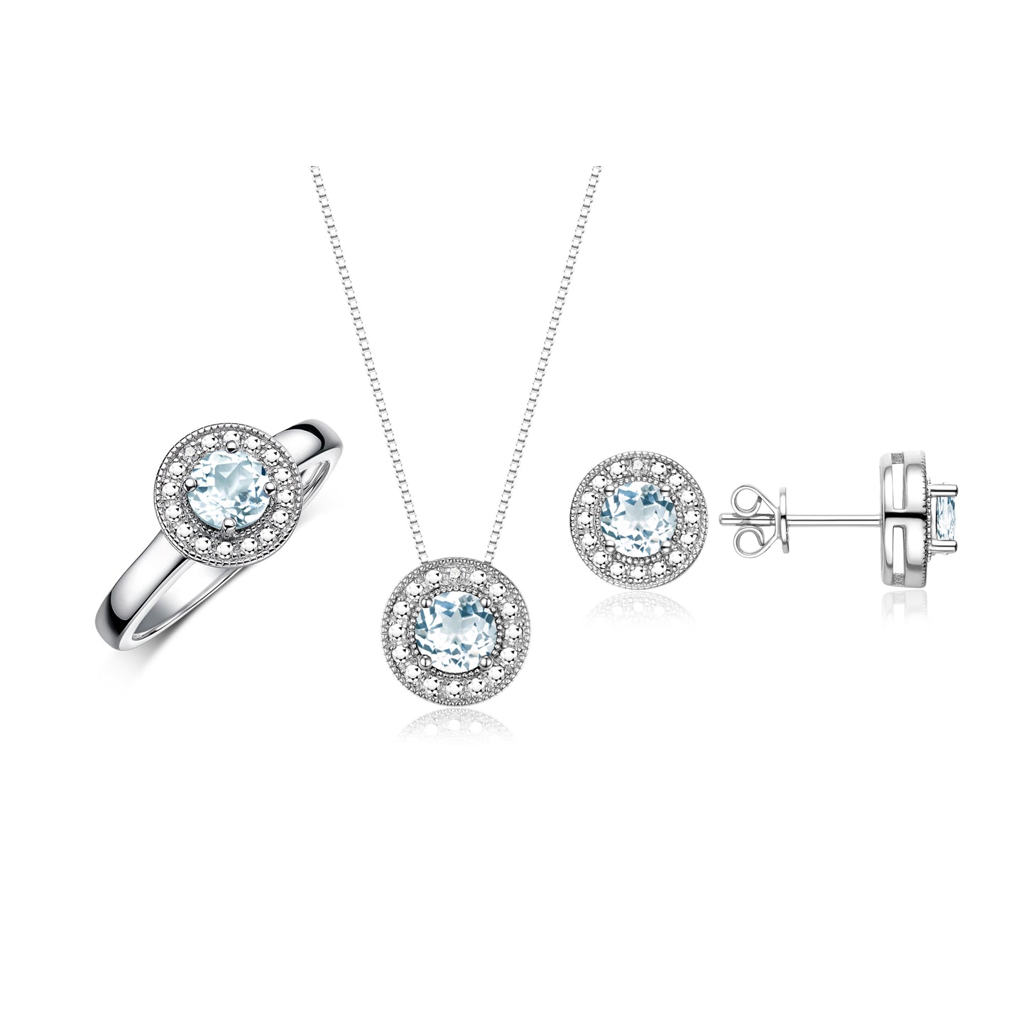 RYLOS Halo Designer Matching Set 14K White Gold : Ring, Earring & Pendant Necklace. Gemstone & Diamonds, 4MM Birthstone; Sizes 5-10.