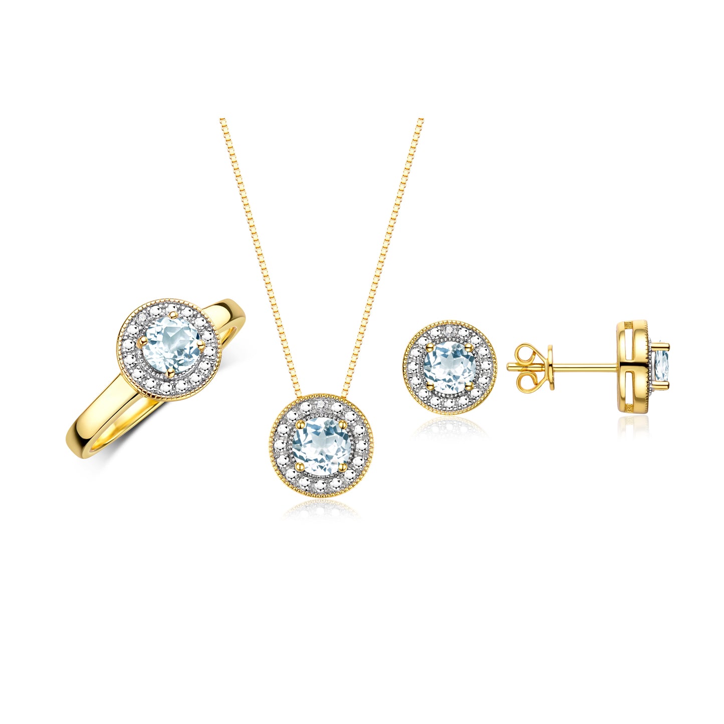 RYLOS Halo Designer Matching Set 14K Yellow Gold : Ring, Earring & Pendant Necklace. Gemstone & Diamonds, 4MM Birthstone; Sizes 5-10.