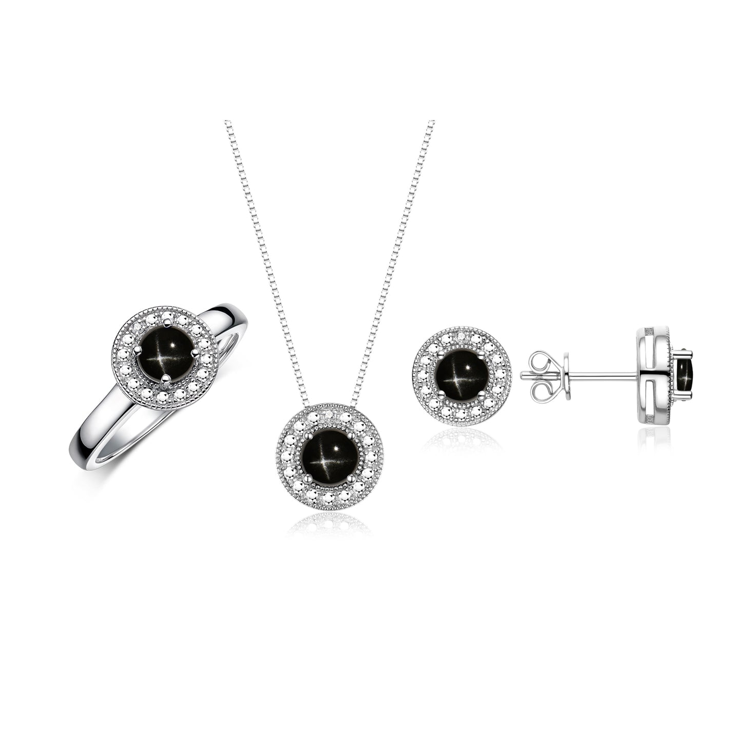 RYLOS Halo Designer Matching Set 14K White Gold : Ring, Earring & Pendant Necklace. Gemstone & Diamonds, 4MM Birthstone; Sizes 5-10.