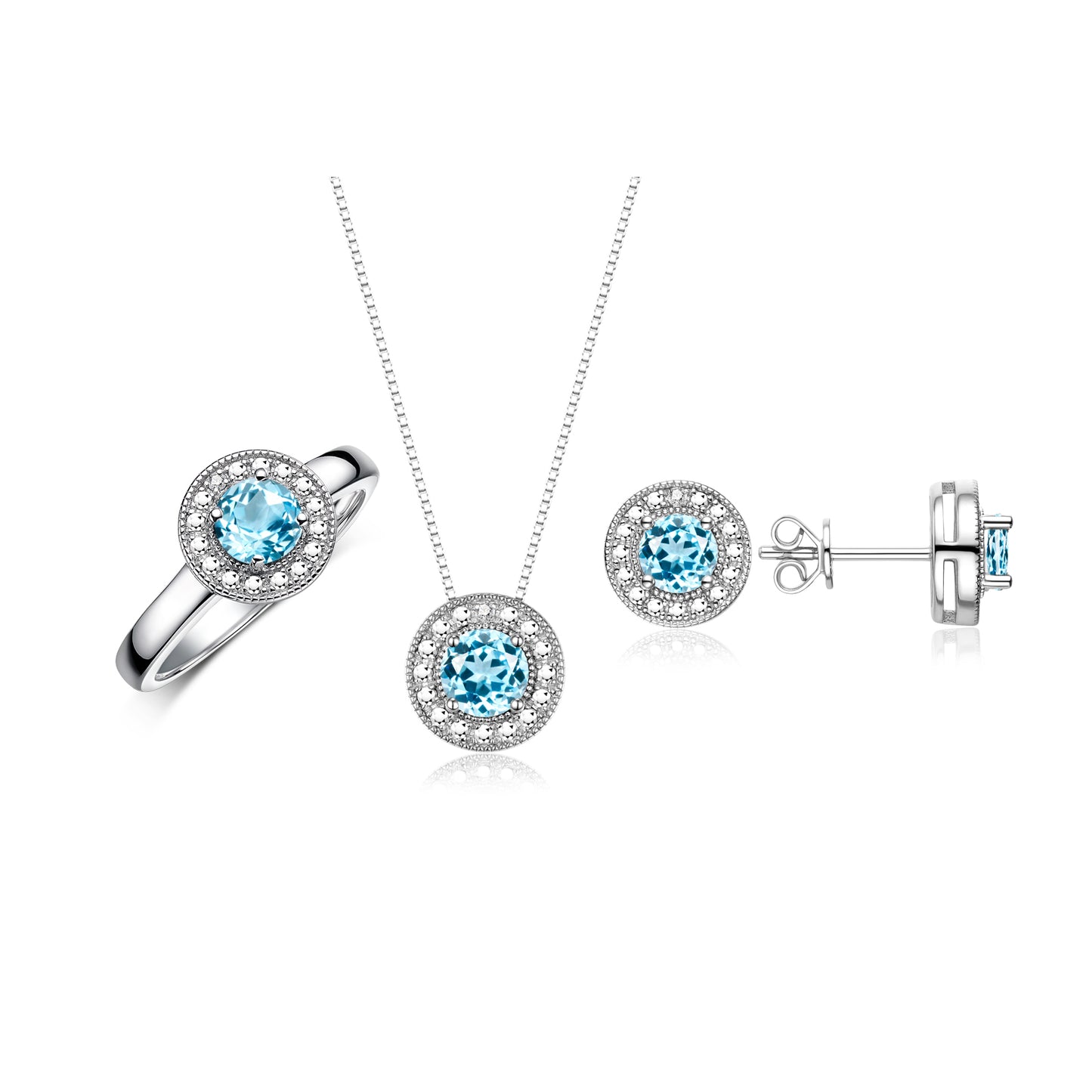 RYLOS Halo Designer Matching Set 14K White Gold : Ring, Earring & Pendant Necklace. Gemstone & Diamonds, 4MM Birthstone; Sizes 5-10.