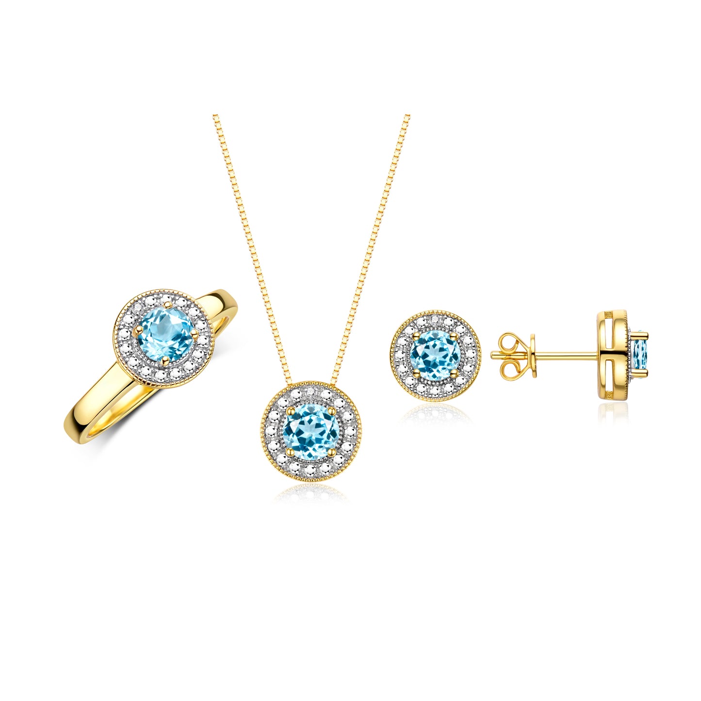 RYLOS Halo Designer Matching Set 14K Yellow Gold : Ring, Earring & Pendant Necklace. Gemstone & Diamonds, 4MM Birthstone; Sizes 5-10.