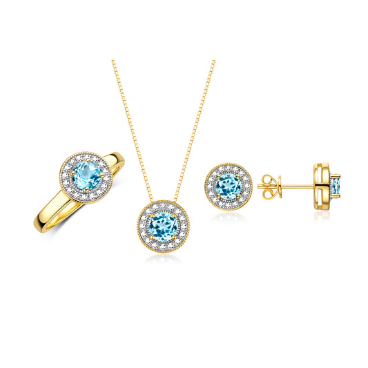 RYLOS Halo Designer Matching Set Yellow Gold Plated Silver: Ring, Earring & Pendant Necklace. Gemstone & Diamonds, 4MM Birthstone; Sizes 5-10.