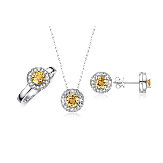 RYLOS Halo Designer Matching Set Sterling Silver: Ring, Earring & Pendant Necklace. Gemstone & Diamonds, 4MM Birthstone; Sizes 5-10.