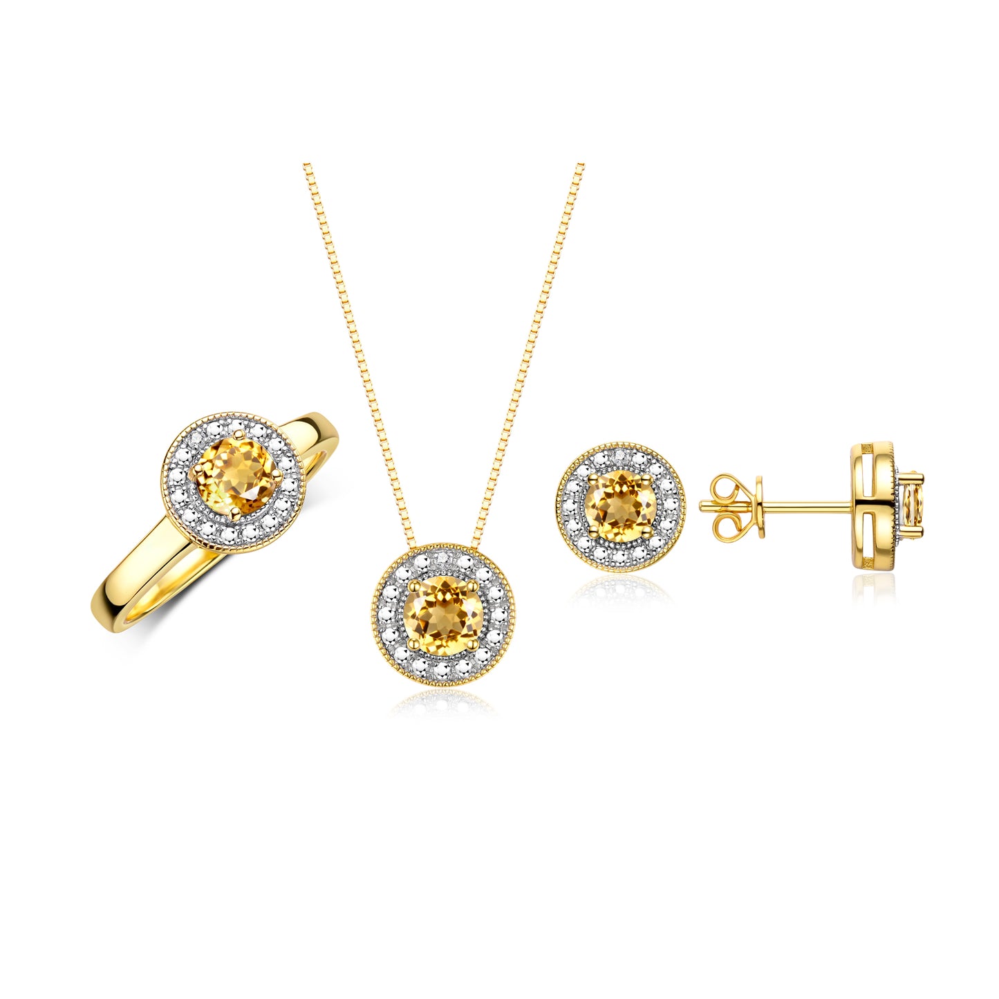 RYLOS Halo Designer Matching Set Yellow Gold Plated Silver: Ring, Earring & Pendant Necklace. Gemstone & Diamonds, 4MM Birthstone; Sizes 5-10.