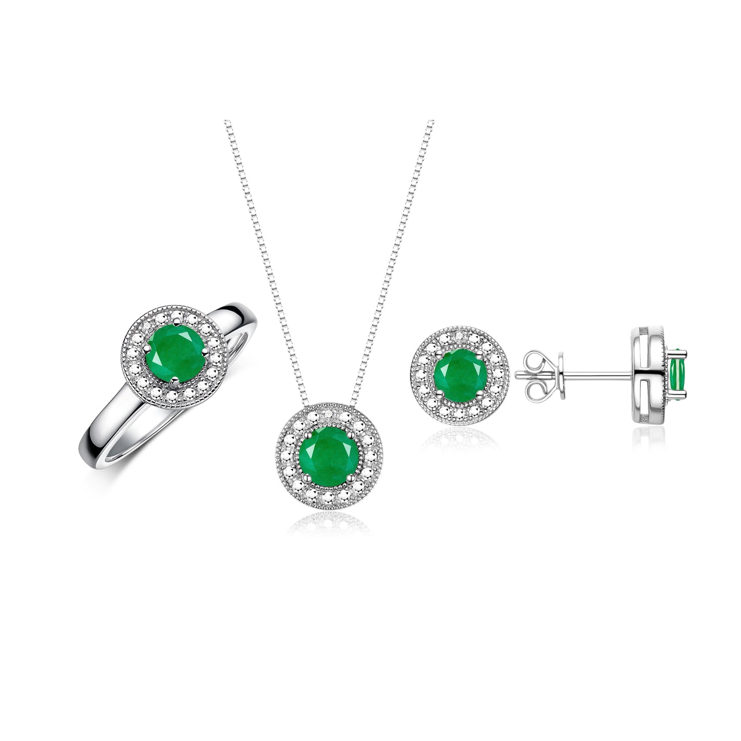 RYLOS Halo Designer Matching Set 14K White Gold : Ring, Earring & Pendant Necklace. Gemstone & Diamonds, 4MM Birthstone; Sizes 5-10.