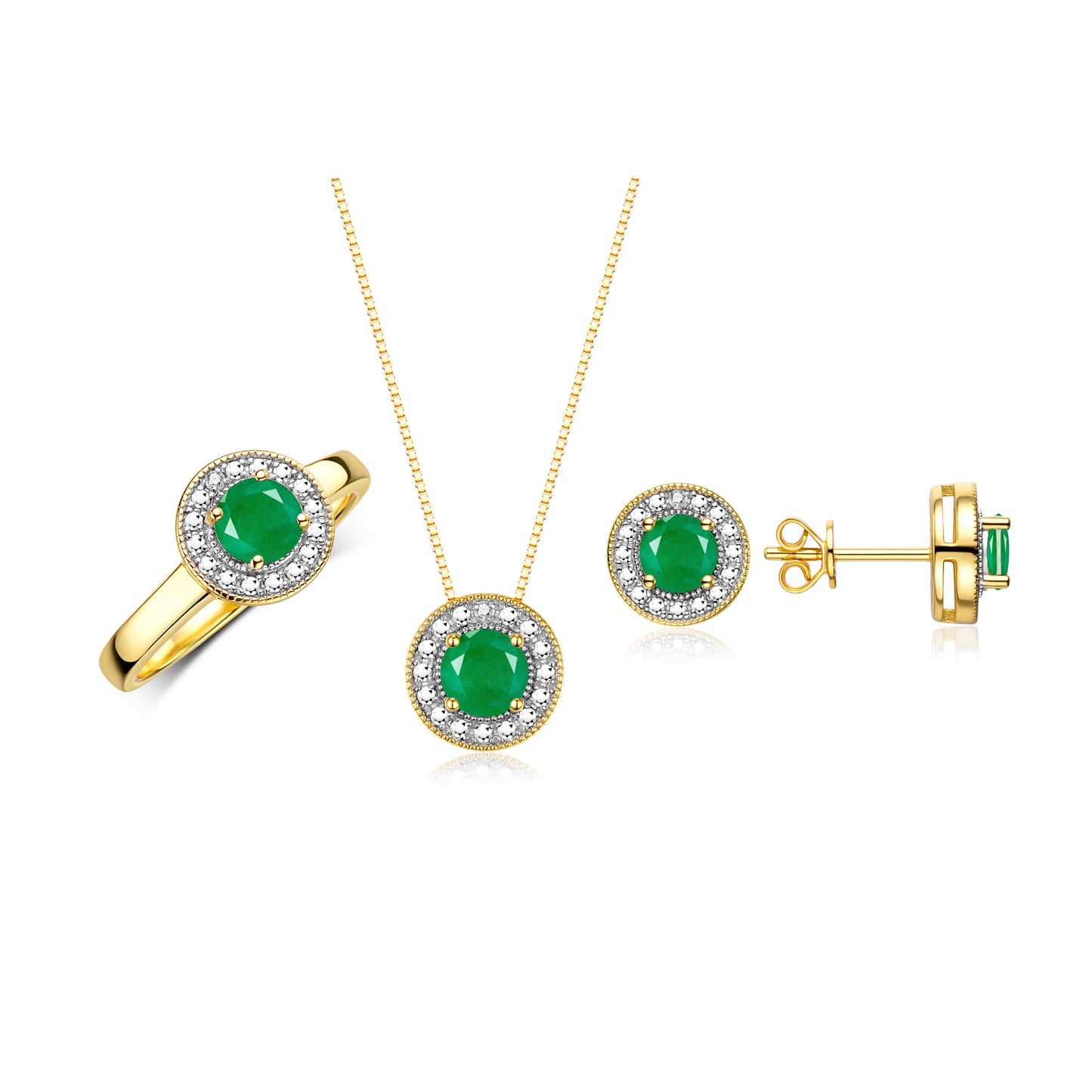 RYLOS Halo Designer Matching Set Yellow Gold Plated Silver: Ring, Earring & Pendant Necklace. Gemstone & Diamonds, 4MM Birthstone; Sizes 5-10.