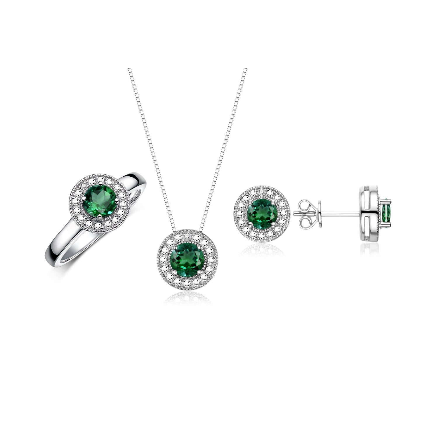 RYLOS Halo Designer Matching Set 14K White Gold : Ring, Earring & Pendant Necklace. Gemstone & Diamonds, 4MM Birthstone; Sizes 5-10.