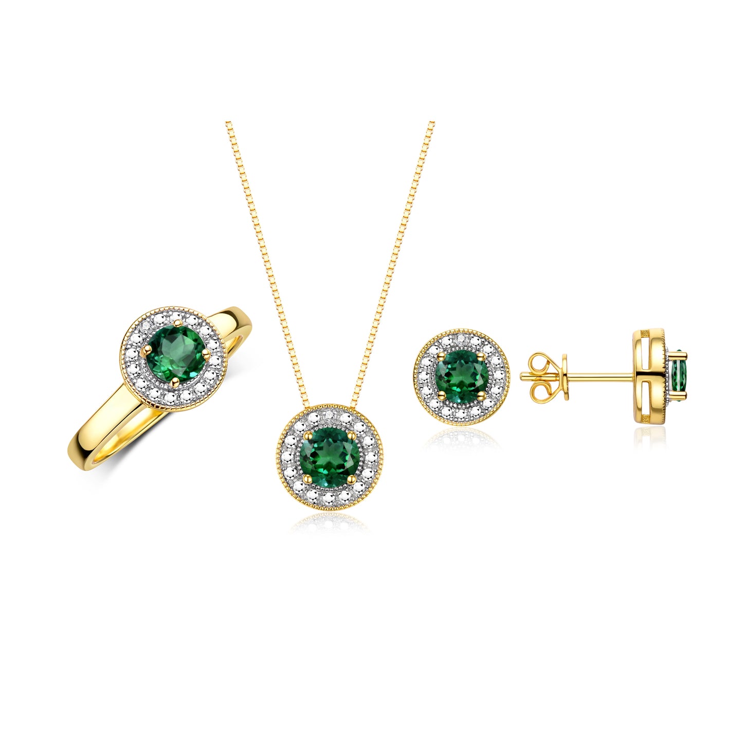 RYLOS Halo Designer Matching Set 14K Yellow Gold : Ring, Earring & Pendant Necklace. Gemstone & Diamonds, 4MM Birthstone; Sizes 5-10.