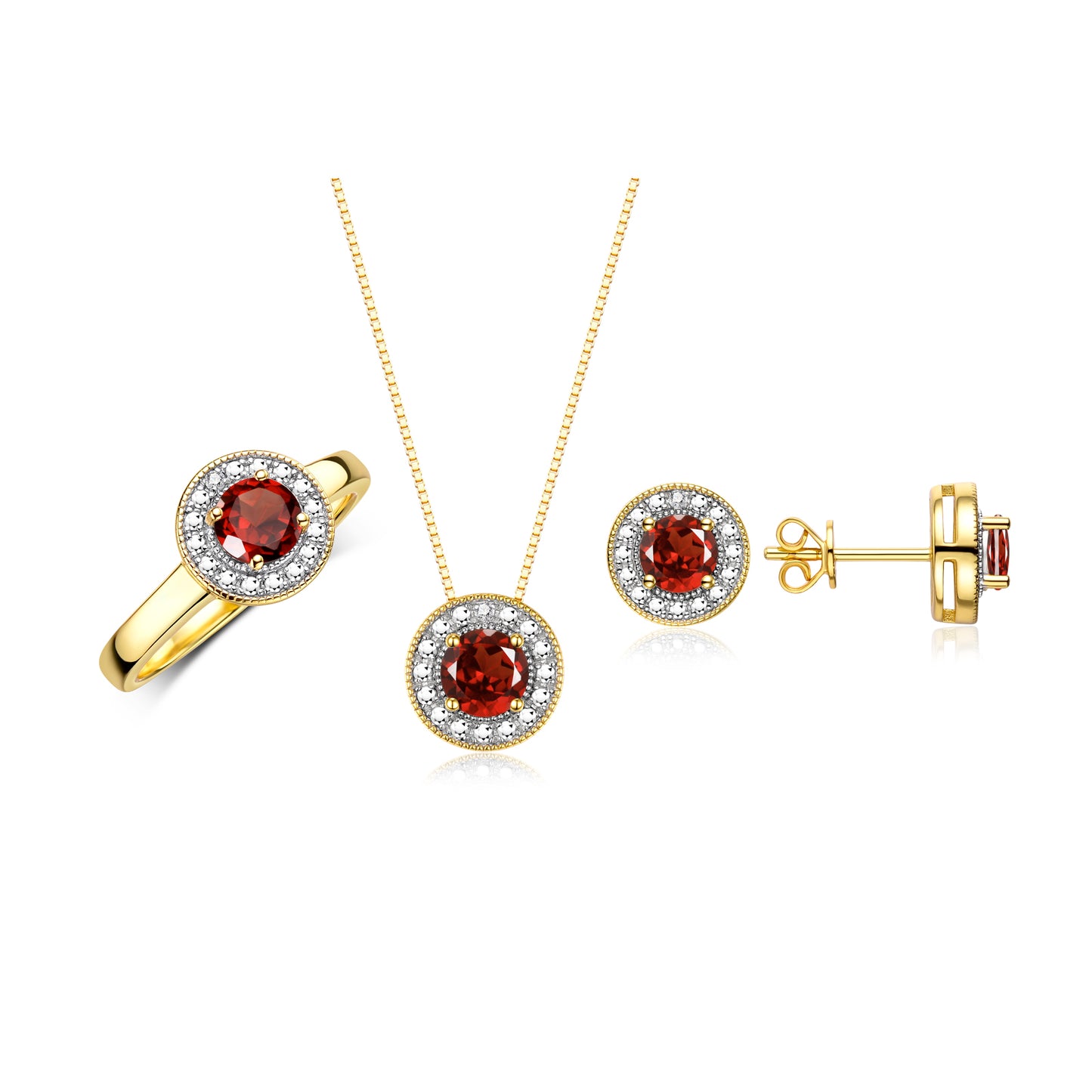 RYLOS Halo Designer Matching Set Yellow Gold Plated Silver: Ring, Earring & Pendant Necklace. Gemstone & Diamonds, 4MM Birthstone; Sizes 5-10.
