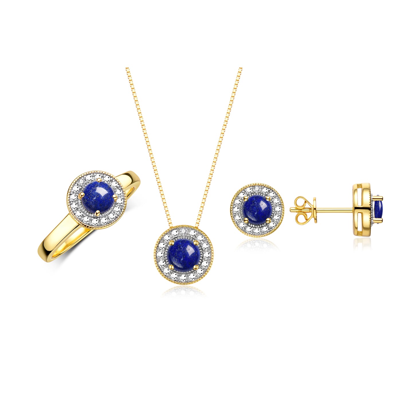 RYLOS Halo Designer Matching Set Yellow Gold Plated Silver: Ring, Earring & Pendant Necklace. Gemstone & Diamonds, 4MM Birthstone; Sizes 5-10.