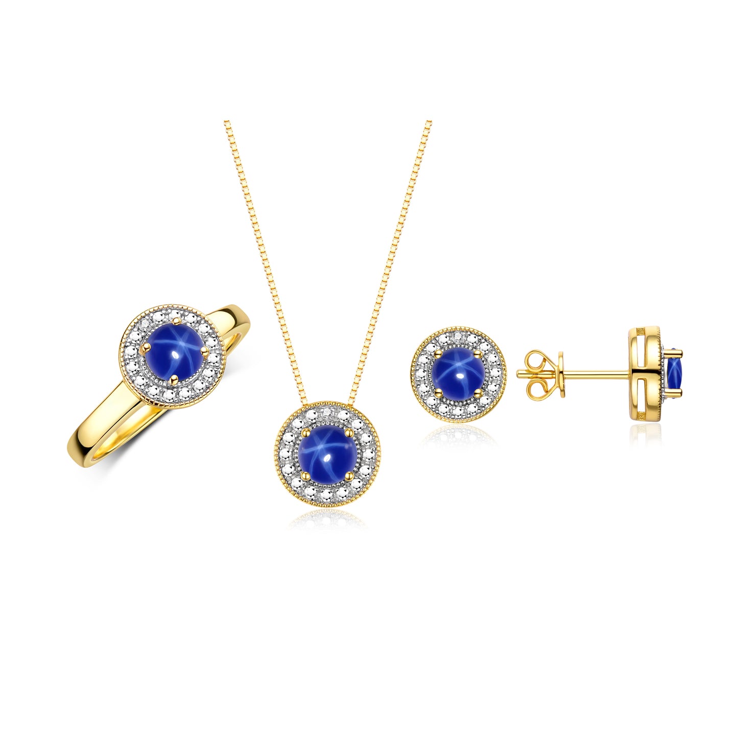 RYLOS Halo Designer Matching Set 14K Yellow Gold : Ring, Earring & Pendant Necklace. Gemstone & Diamonds, 4MM Birthstone; Sizes 5-10.