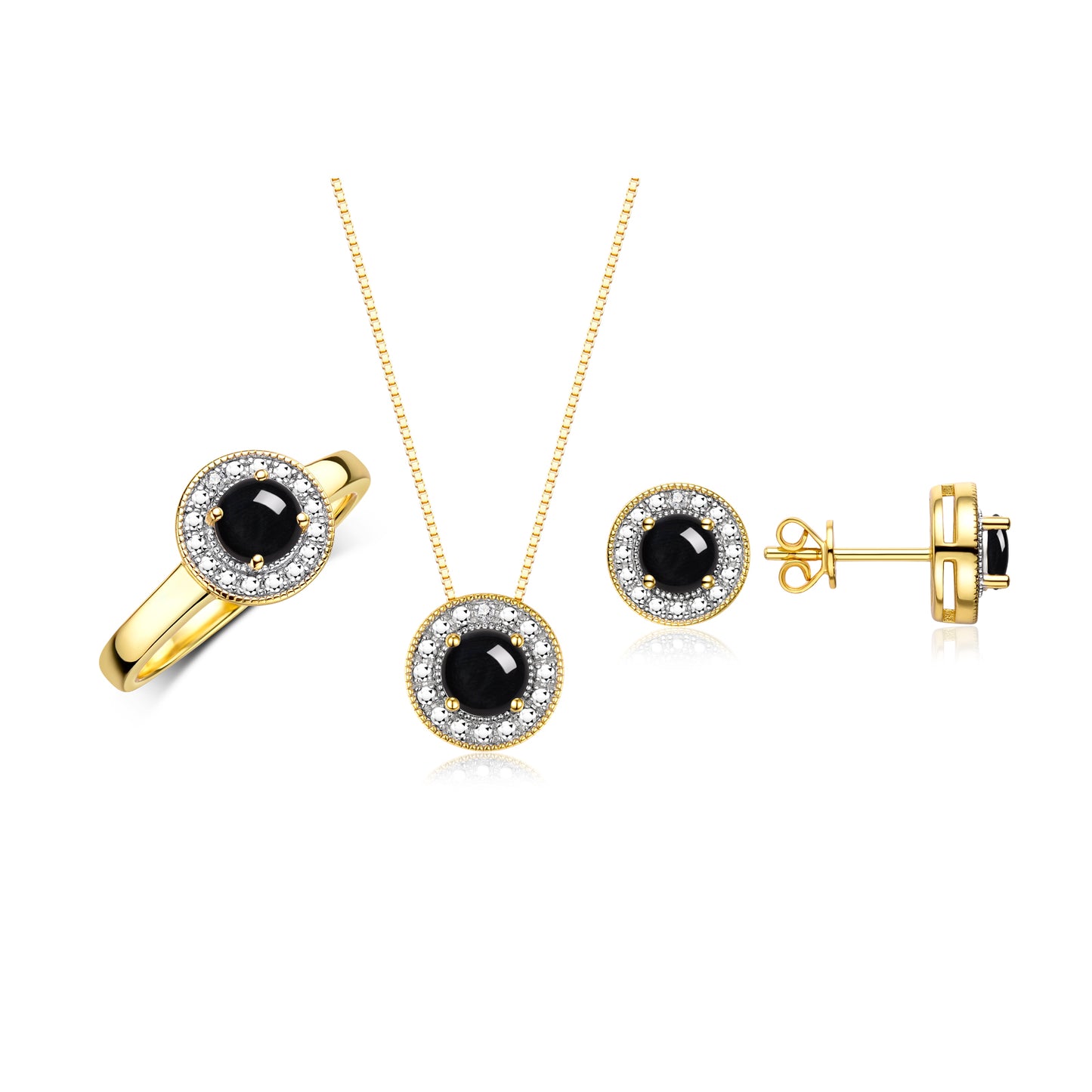 RYLOS Halo Designer Matching Set 14K Yellow Gold : Ring, Earring & Pendant Necklace. Gemstone & Diamonds, 4MM Birthstone; Sizes 5-10.