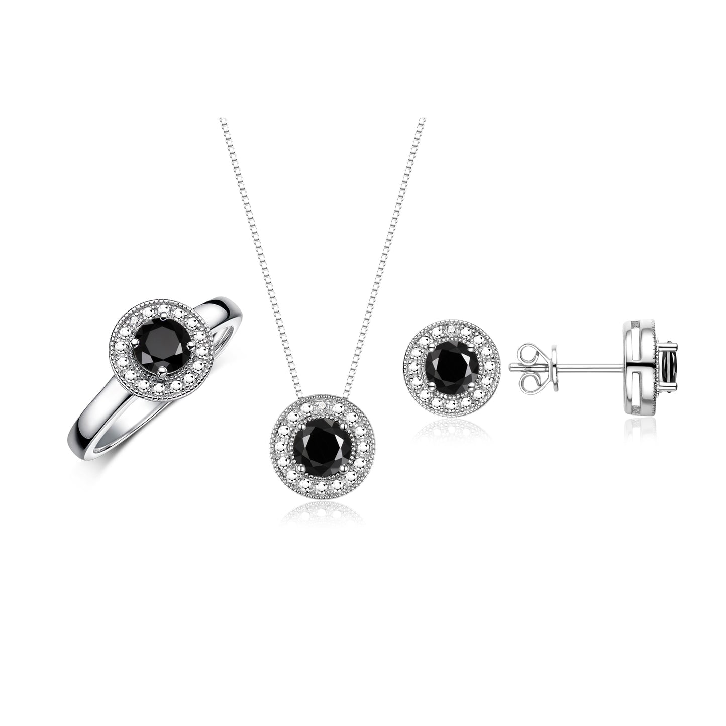 RYLOS Halo Designer Matching Set 14K White Gold : Ring, Earring & Pendant Necklace. Gemstone & Diamonds, 4MM Birthstone; Sizes 5-10.