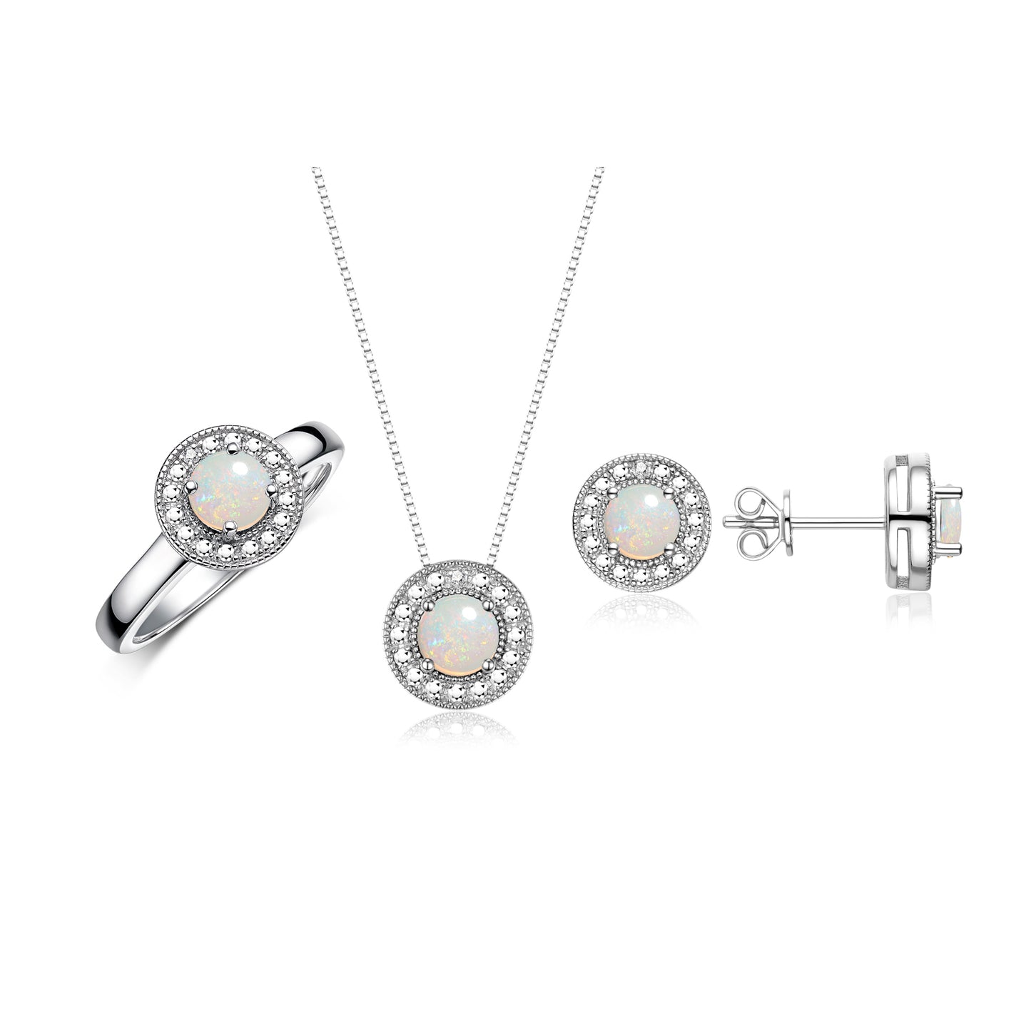 RYLOS Halo Designer Matching Set 14K White Gold : Ring, Earring & Pendant Necklace. Gemstone & Diamonds, 4MM Birthstone; Sizes 5-10.