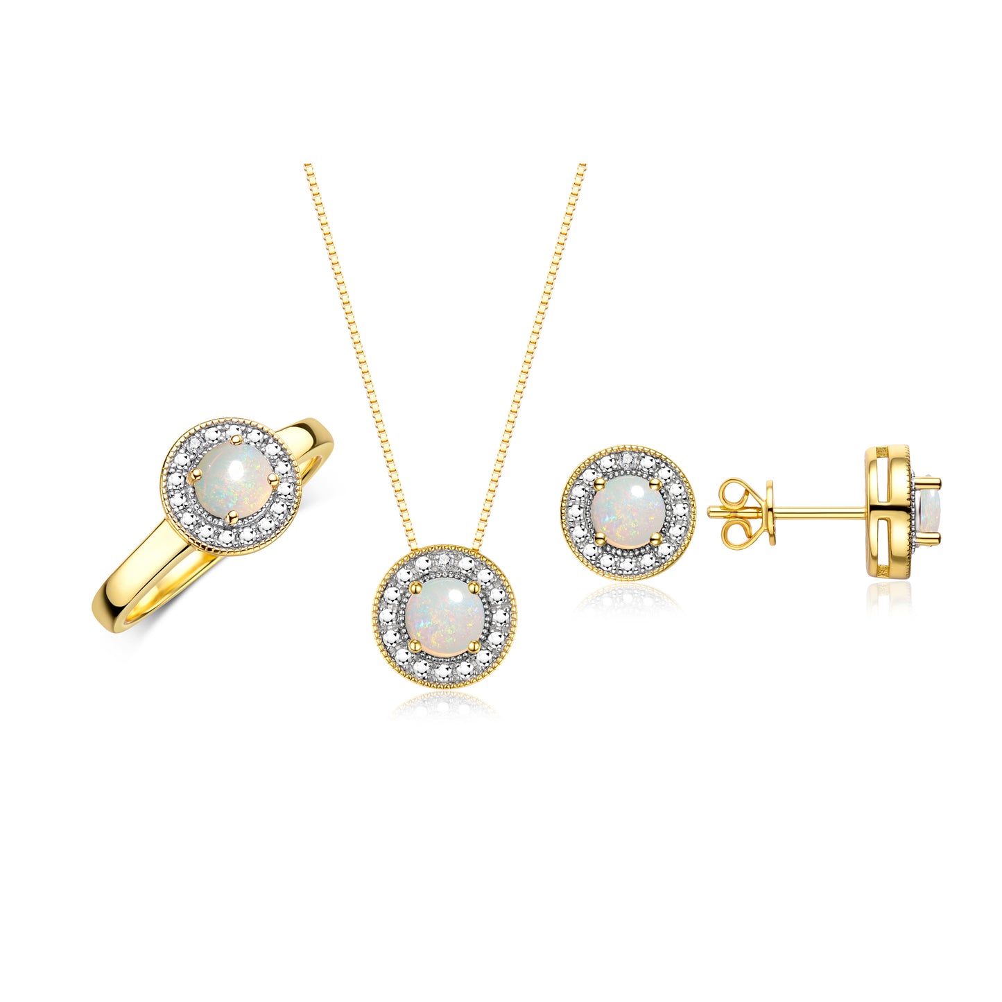 RYLOS Halo Designer Matching Set 14K Yellow Gold : Ring, Earring & Pendant Necklace. Gemstone & Diamonds, 4MM Birthstone; Sizes 5-10.