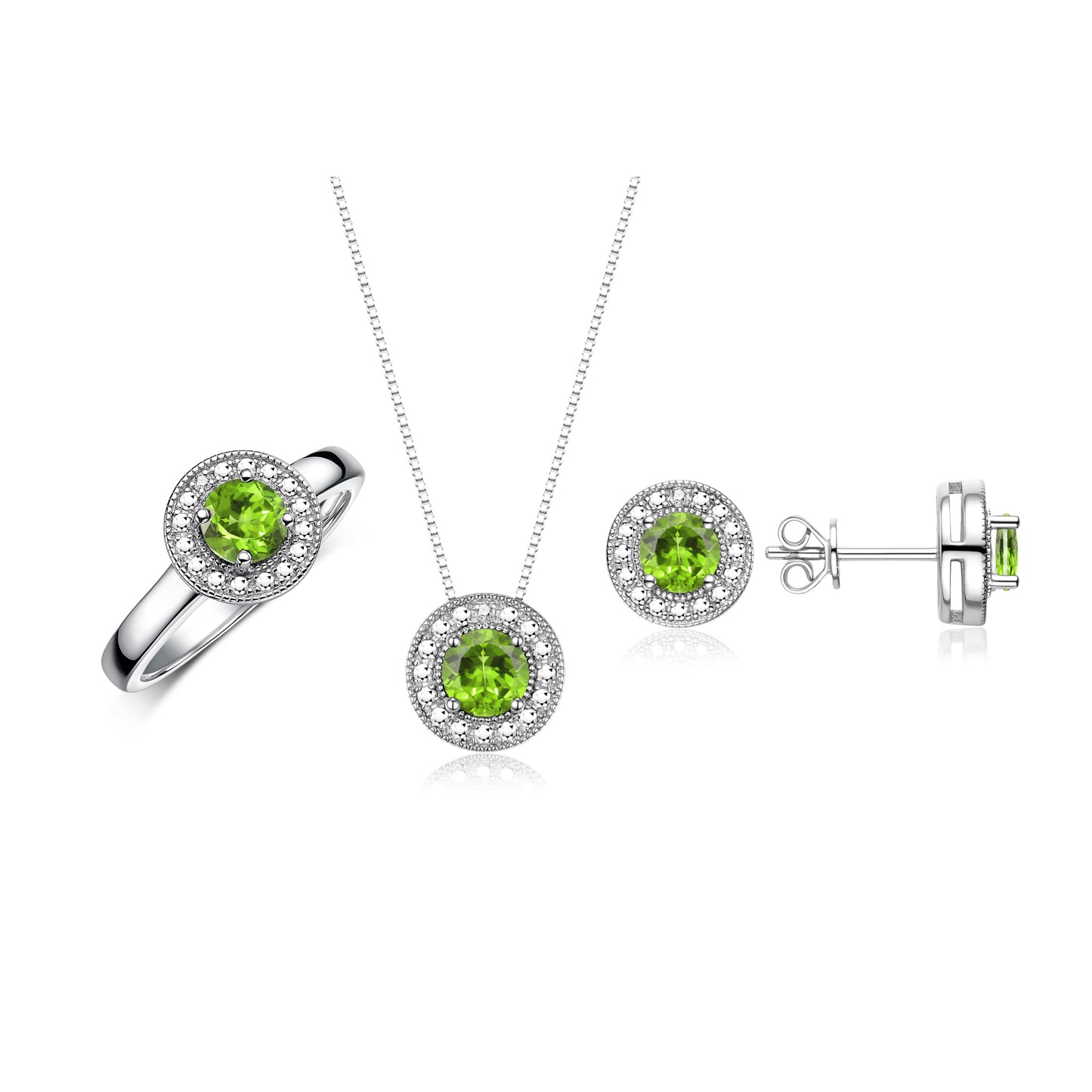 RYLOS Halo Designer Matching Set 14K White Gold : Ring, Earring & Pendant Necklace. Gemstone & Diamonds, 4MM Birthstone; Sizes 5-10.