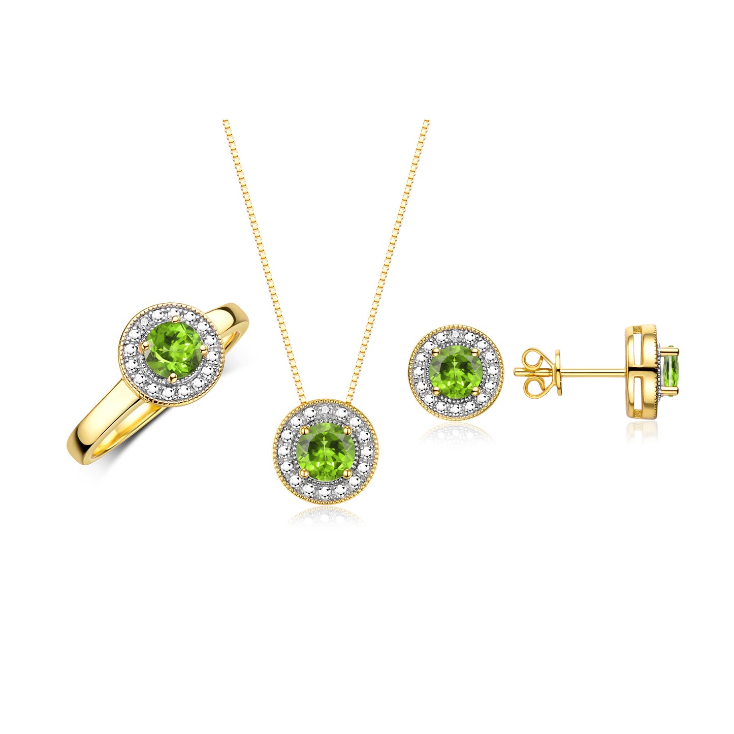 RYLOS Halo Designer Matching Set 14K Yellow Gold : Ring, Earring & Pendant Necklace. Gemstone & Diamonds, 4MM Birthstone; Sizes 5-10.