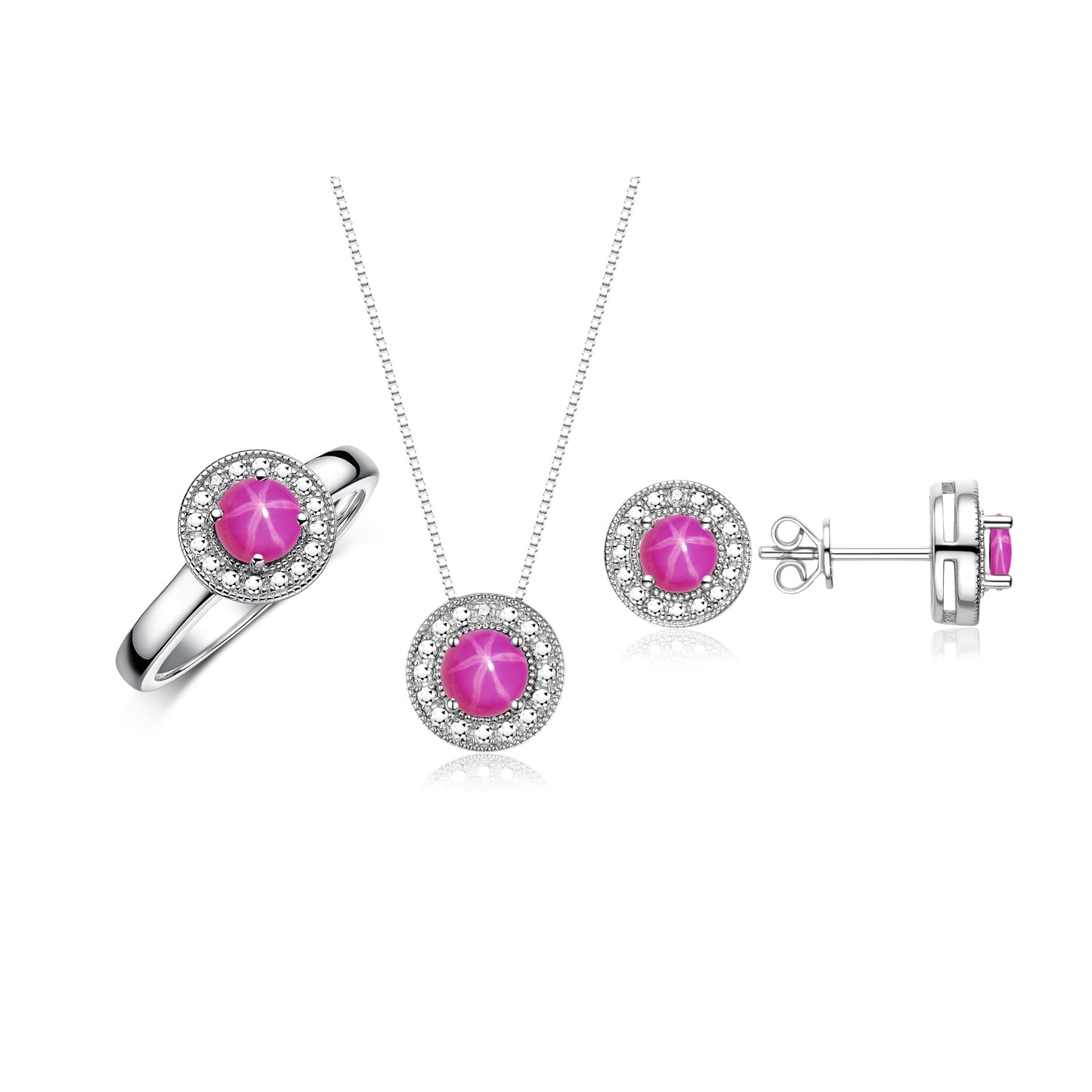 RYLOS Halo Designer Matching Set 14K White Gold : Ring, Earring & Pendant Necklace. Gemstone & Diamonds, 4MM Birthstone; Sizes 5-10.