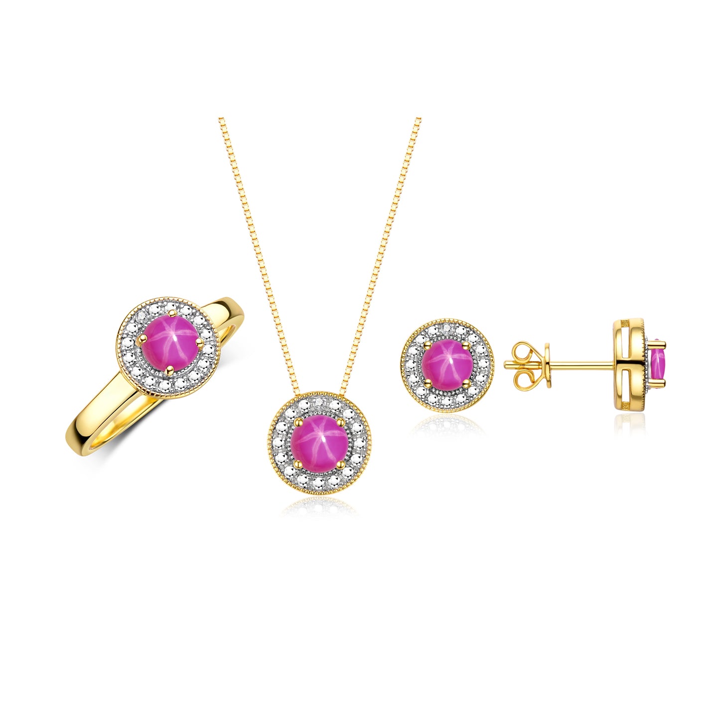 RYLOS Halo Designer Matching Set 14K Yellow Gold : Ring, Earring & Pendant Necklace. Gemstone & Diamonds, 4MM Birthstone; Sizes 5-10.