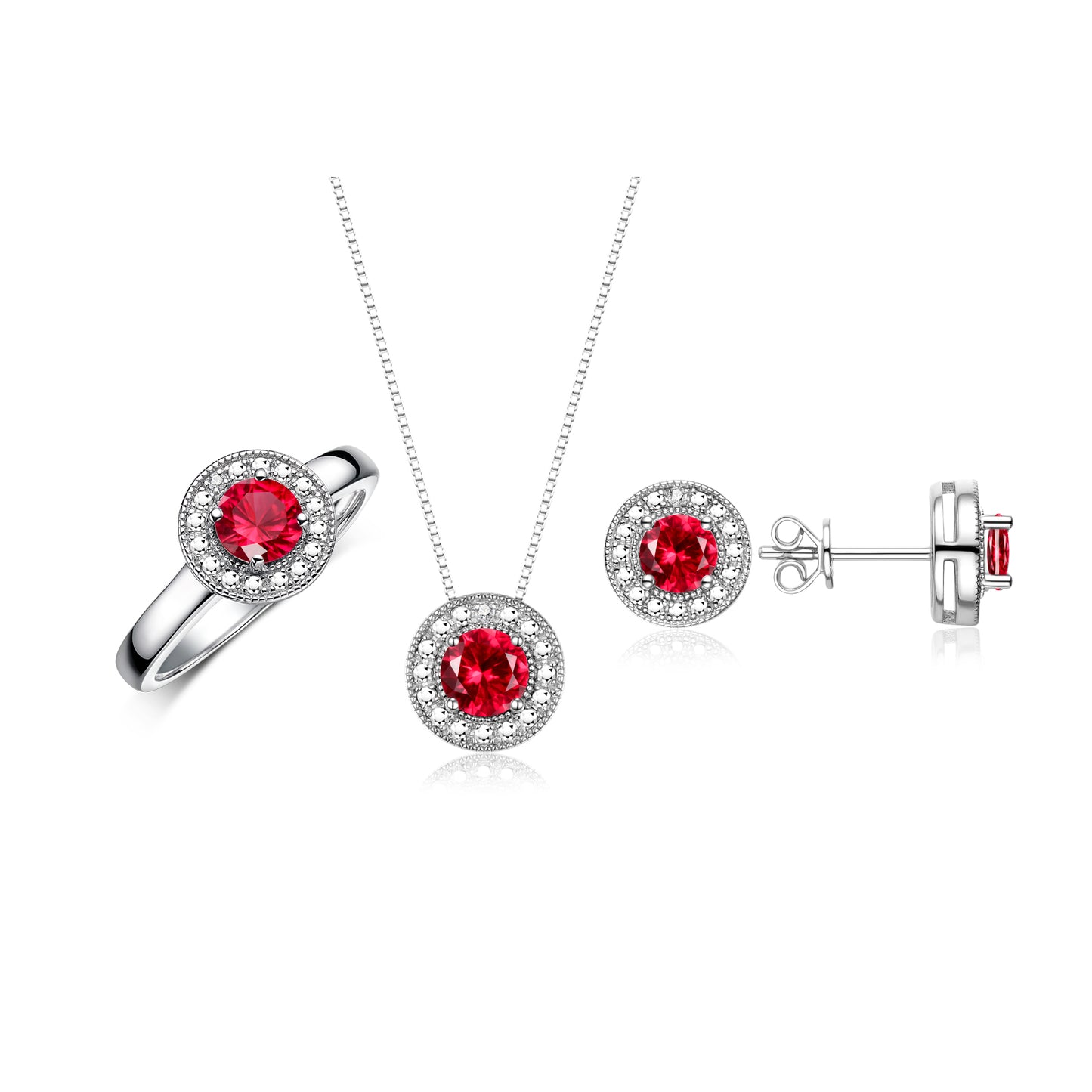 RYLOS Halo Designer Matching Set 14K White Gold : Ring, Earring & Pendant Necklace. Gemstone & Diamonds, 4MM Birthstone; Sizes 5-10.