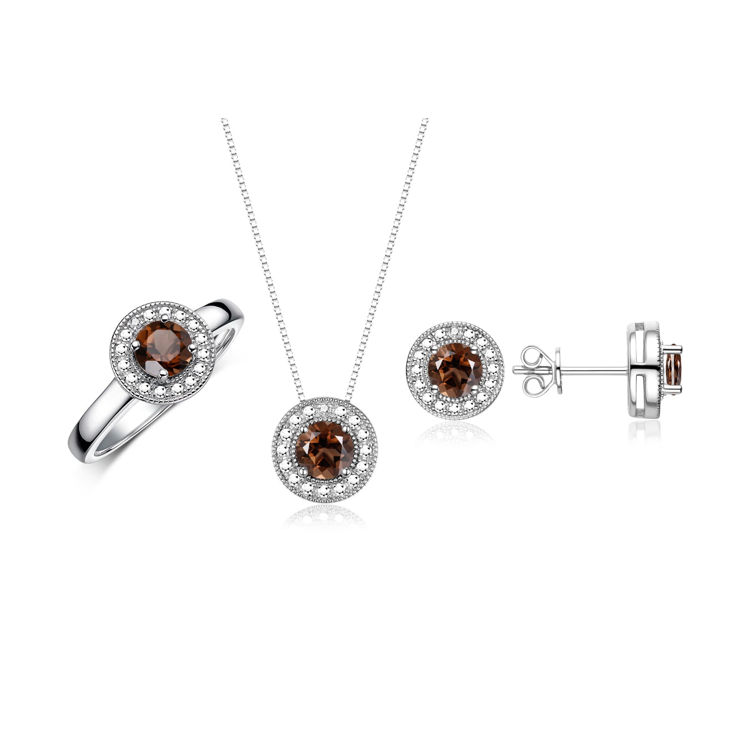 RYLOS Halo Designer Matching Set 14K White Gold : Ring, Earring & Pendant Necklace. Gemstone & Diamonds, 4MM Birthstone; Sizes 5-10.