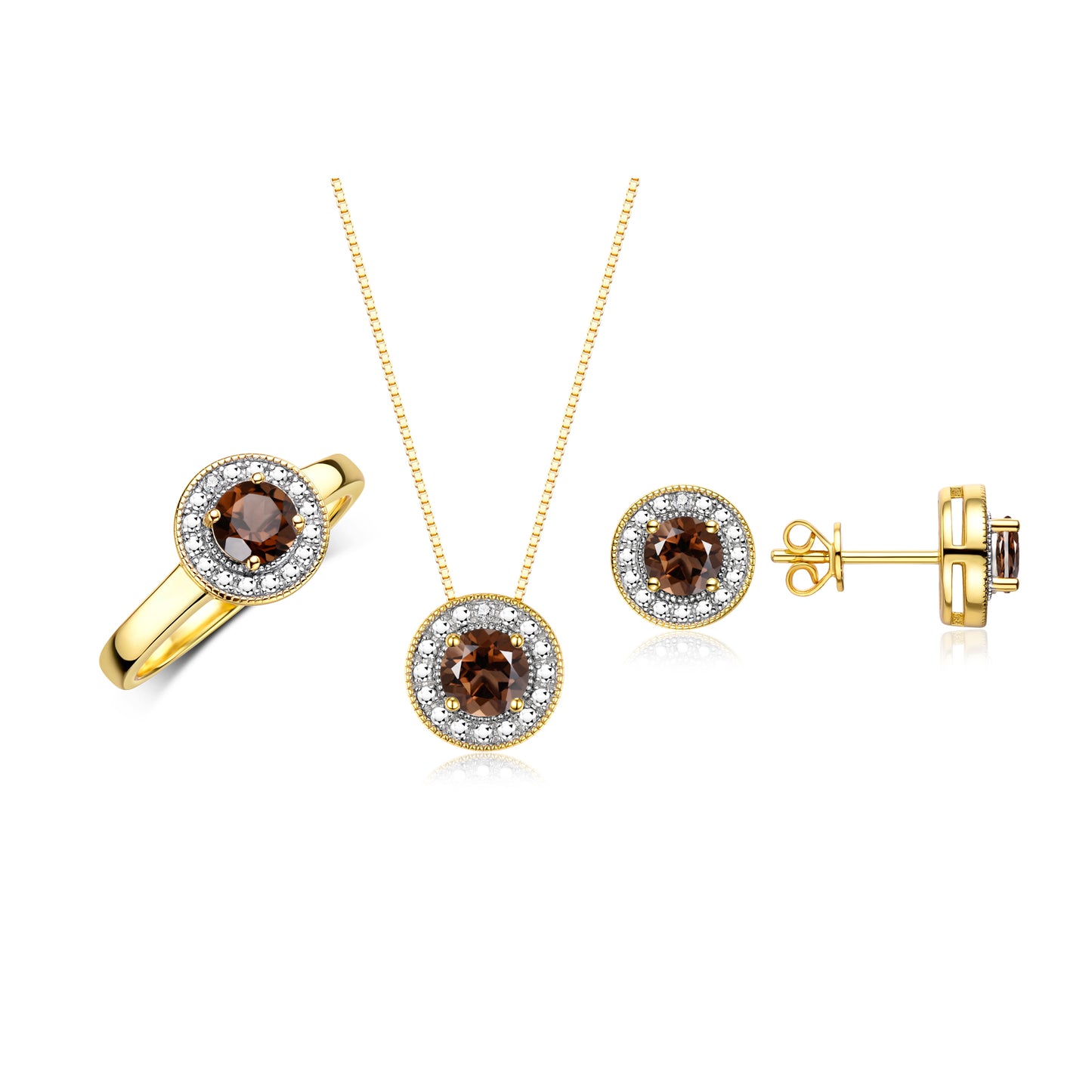 RYLOS Halo Designer Matching Set 14K Yellow Gold : Ring, Earring & Pendant Necklace. Gemstone & Diamonds, 4MM Birthstone; Sizes 5-10.