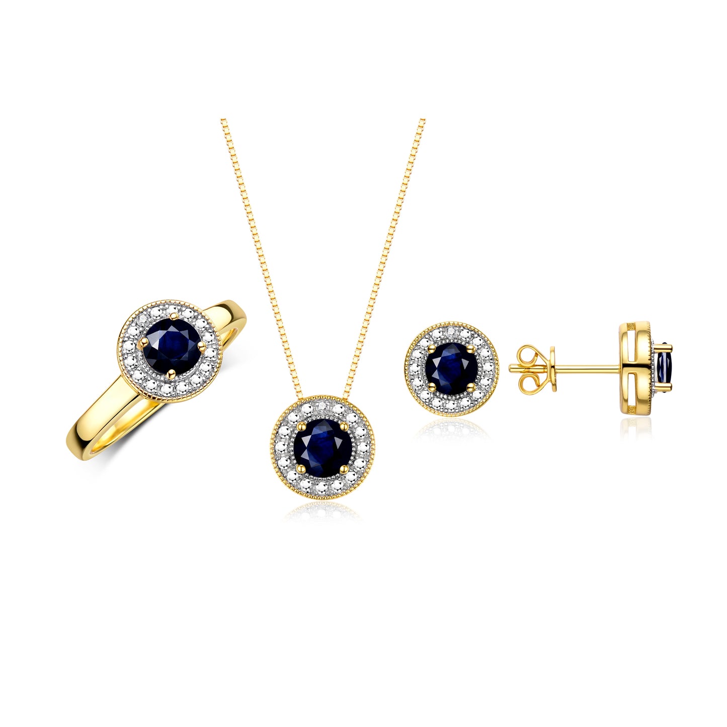 RYLOS Halo Designer Matching Set 14K Yellow Gold : Ring, Earring & Pendant Necklace. Gemstone & Diamonds, 4MM Birthstone; Sizes 5-10.