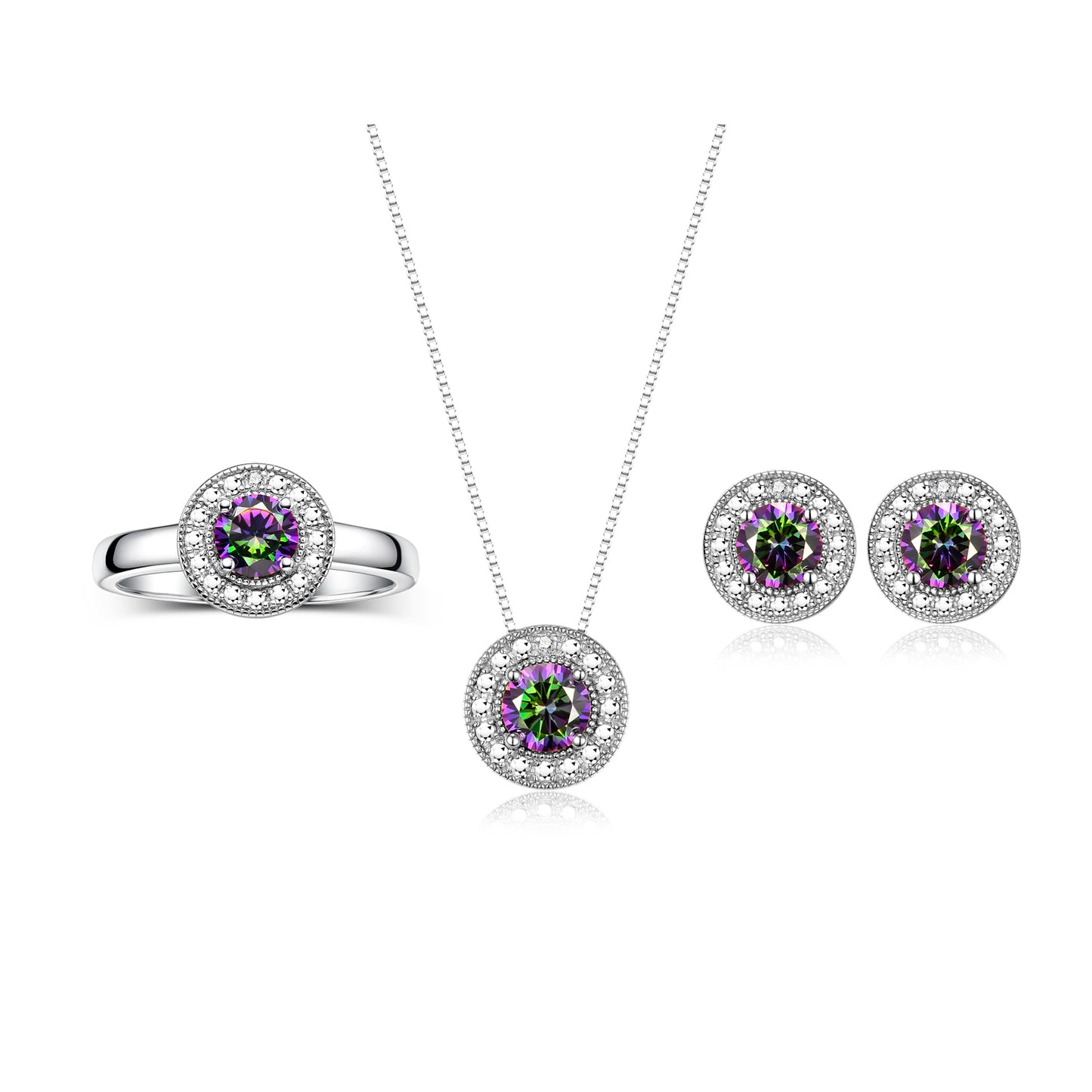 RYLOS Halo Designer Matching Set 14K White Gold : Ring, Earring & Pendant Necklace. Gemstone & Diamonds, 4MM Birthstone; Sizes 5-10.