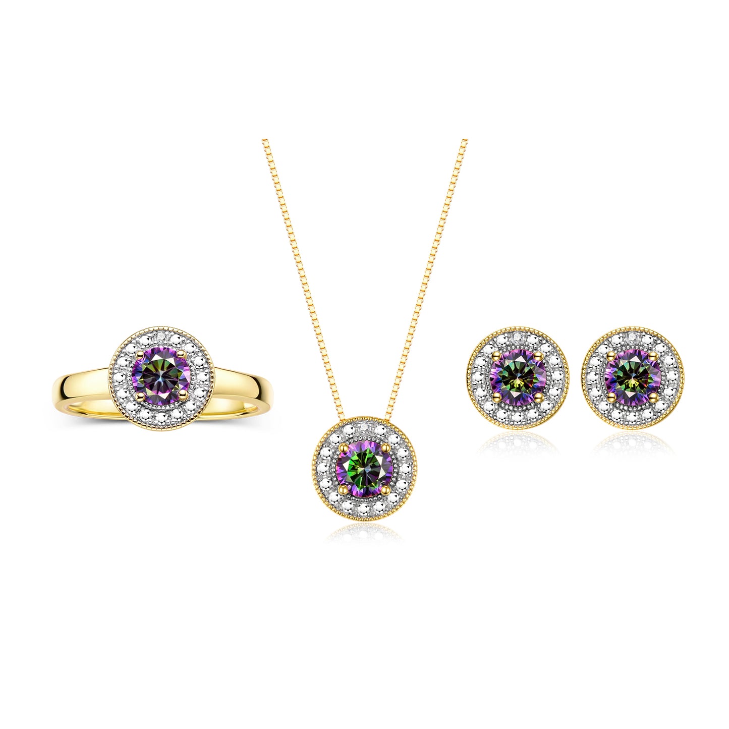 RYLOS Halo Designer Matching Set 14K Yellow Gold : Ring, Earring & Pendant Necklace. Gemstone & Diamonds, 4MM Birthstone; Sizes 5-10.
