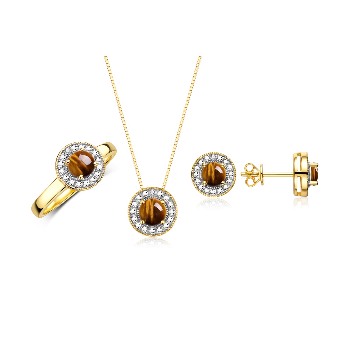 RYLOS Halo Designer Matching Set 14K Yellow Gold : Ring, Earring & Pendant Necklace. Gemstone & Diamonds, 4MM Birthstone; Sizes 5-10.