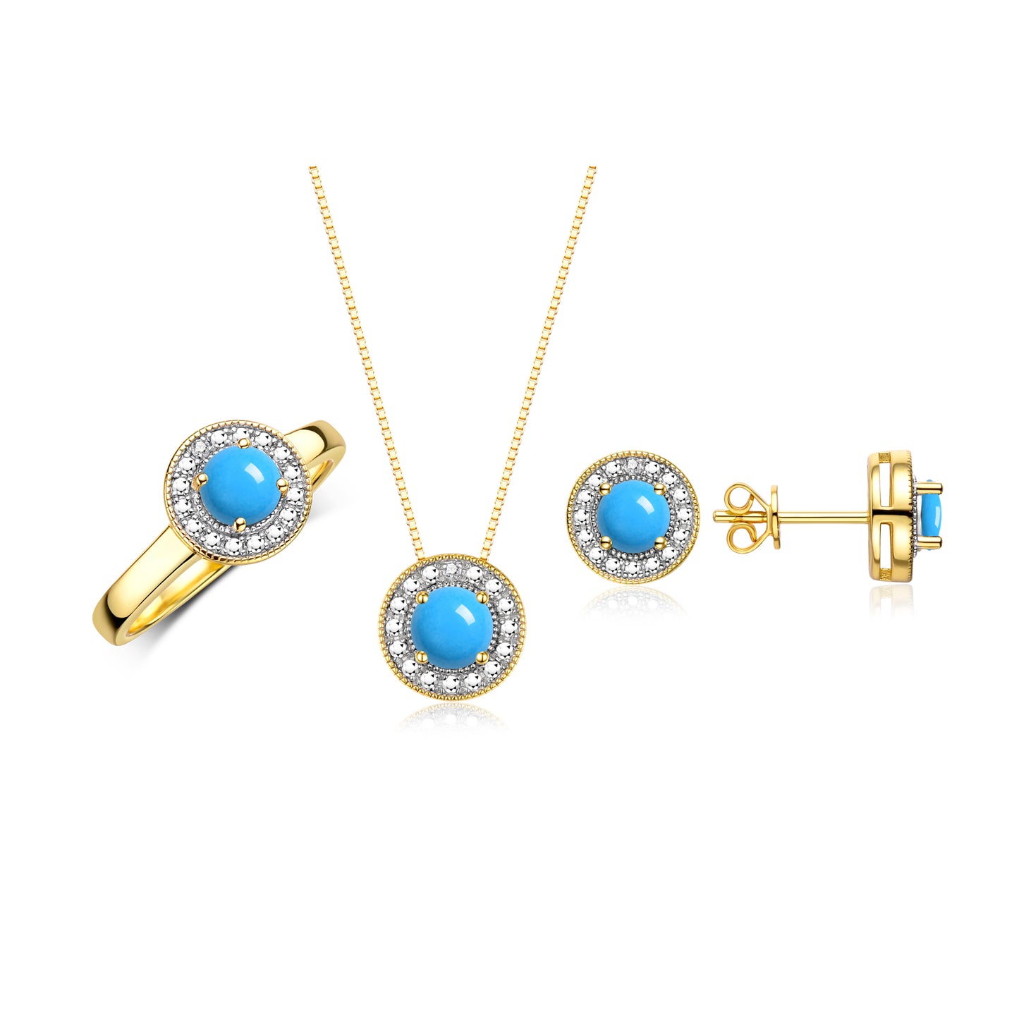 RYLOS Halo Designer Matching Set 14K Yellow Gold : Ring, Earring & Pendant Necklace. Gemstone & Diamonds, 4MM Birthstone; Sizes 5-10.