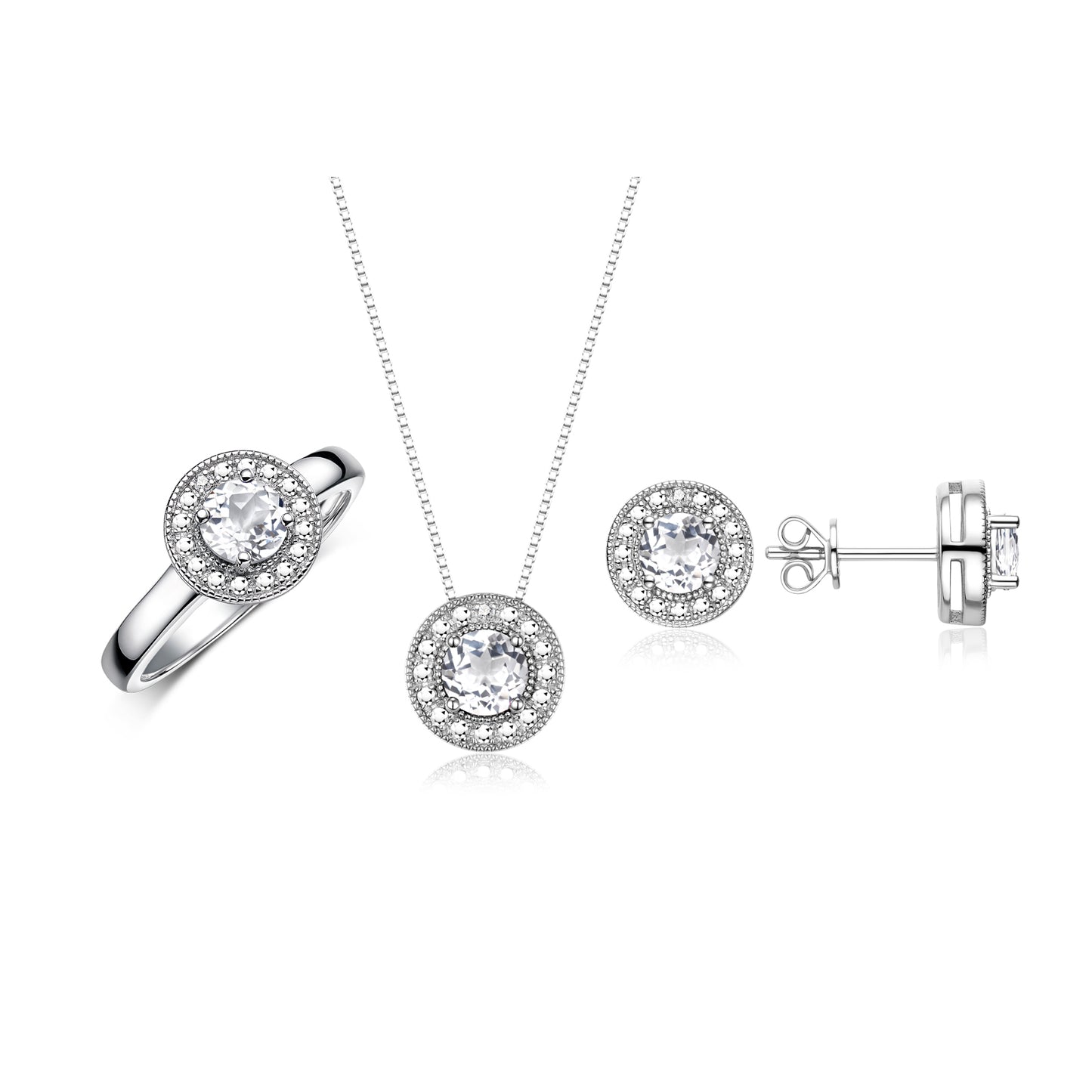 RYLOS Halo Designer Matching Set 14K White Gold : Ring, Earring & Pendant Necklace. Gemstone & Diamonds, 4MM Birthstone; Sizes 5-10.