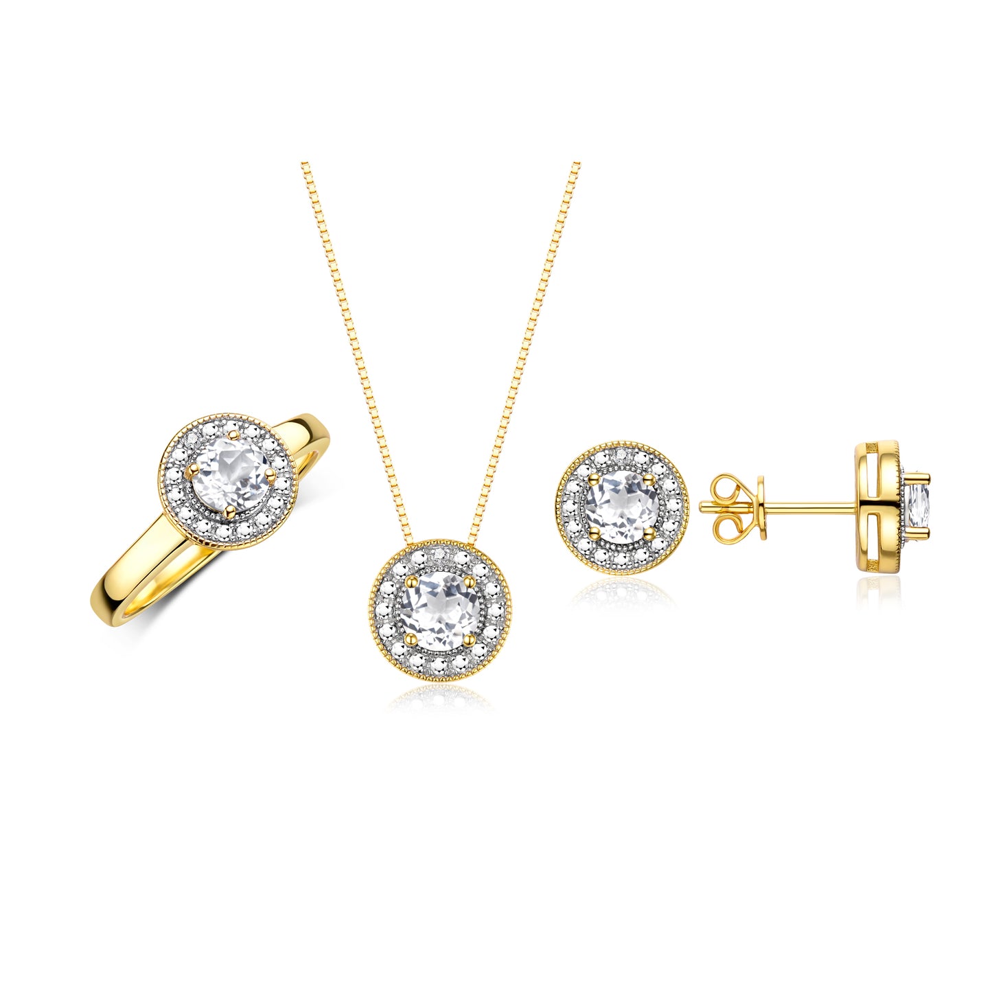RYLOS Halo Designer Matching Set Yellow Gold Plated Silver: Ring, Earring & Pendant Necklace. Gemstone & Diamonds, 4MM Birthstone; Sizes 5-10.