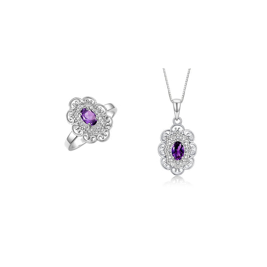 RYLOS Matching Set Sterling Silver Floral Pattern Halo Pendant Necklace & Ring. Gemstone & Diamonds, 18" Chain. 6X4MM Birthstone; Sizes 5-10.