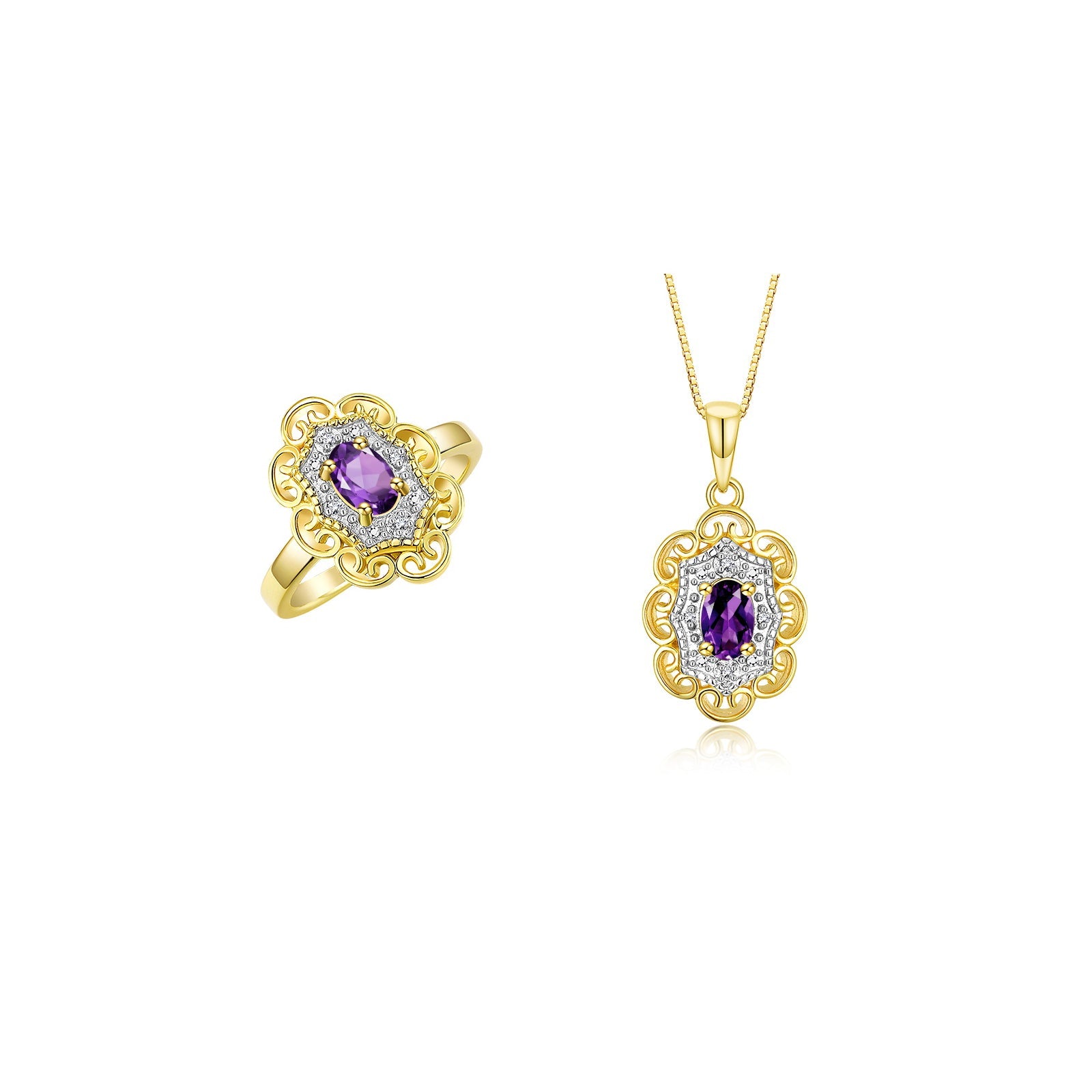 RYLOS Matching Set 14K Yellow Gold Floral Pattern Halo Pendant Necklace & Ring. Gemstone & Diamonds, 18" Chain. 6X4MM Birthstone; Sizes 5-10